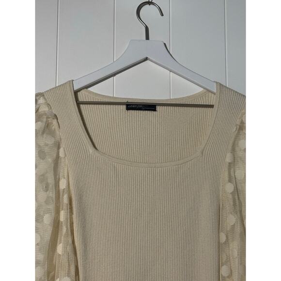 On Twelfth · Large · Ribbed Polka Dot Top · Sheer Sleeves · Square Neck · Cream - Picture 3 of 9
